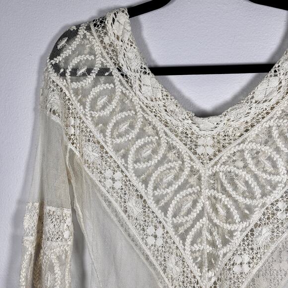 Antique Edwardian Net Lace Blouse Floral Embroidery Crochet Silk Cotton 1900s - Picture 2 of 16